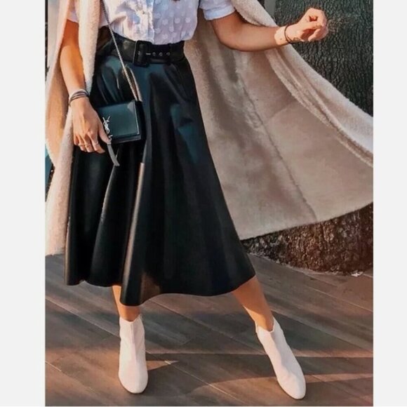 Zara Faux Leather Skirt With Belt Black Blogger Fav Size Large - Picture 2 of 12